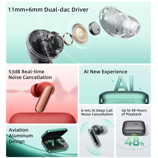 Versión Global realme Buds Air 7 Pro auricular 53dB cancelación de ruido en tiempo Real 11 + 6mm controlador Dual-DAC Al traductor en vivo